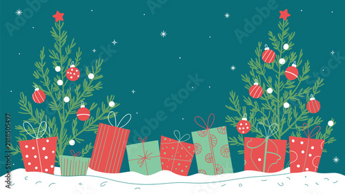 Festive green Christmas trees adorned with red ornaments and stars beside scattered gift boxes in white snow