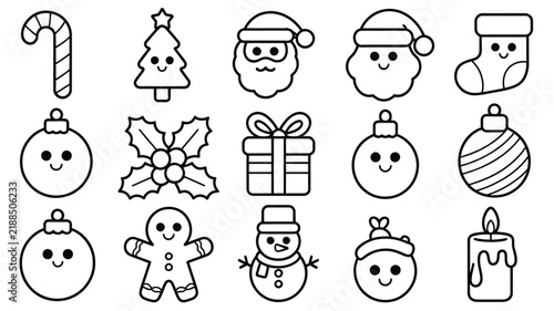 Adorable outlined Christmas icons showing candy cane, santa face, festive ornaments, holly, and happy gingerbread man