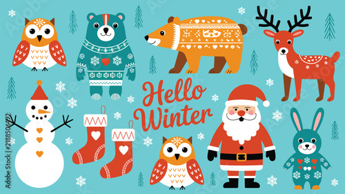 Adorable winter animals and cheerful Santa Claus with snowman on light blue background