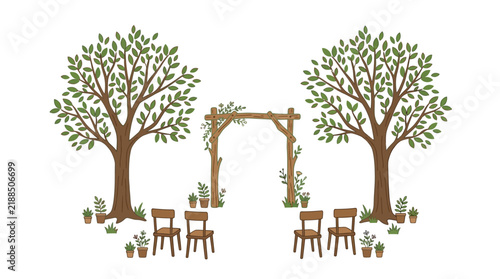 Outdoor Wedding Ceremony Setup with Wooden Arch, Trees, Chairs, and Potted Plants