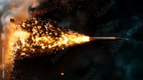 Golden sparks spraying from a glowing metal rod in the dark, fiery welding energy, industrial impact moment, dramatic night effect.