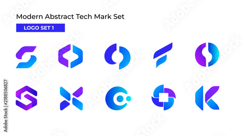 Set of 10 modern abstract tech logo marks with geometric shapes and blue-purple gradients, ideal for software, startups, digital brands, and technology.