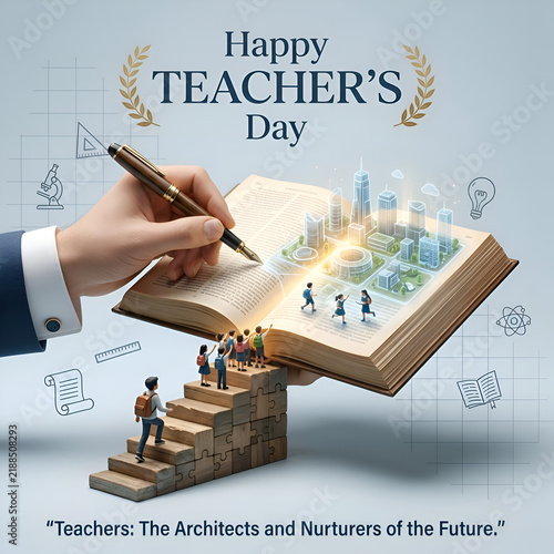 Happy Teachers Day Conceptual Illustration with Hand Writing Book and 3D City Model