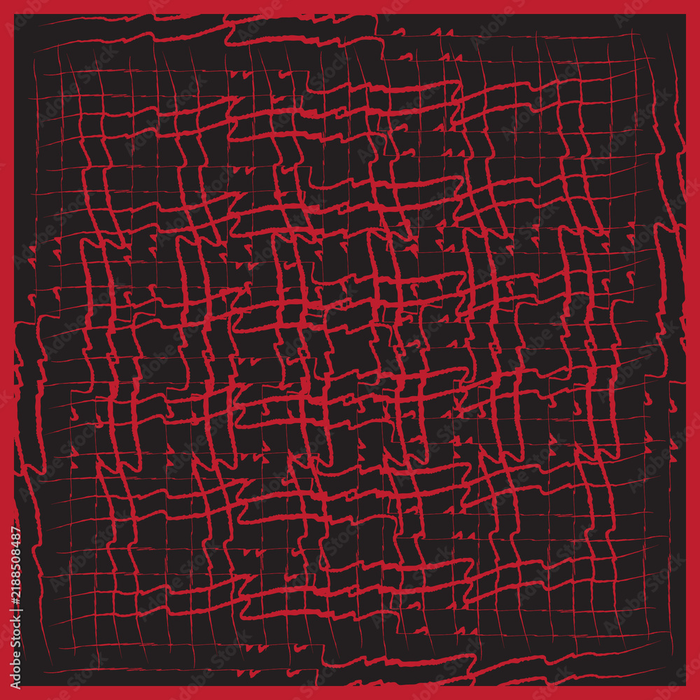 Fototapeta premium Abstract red and black grid pattern with hand drawn wavy lines on a dark textured background