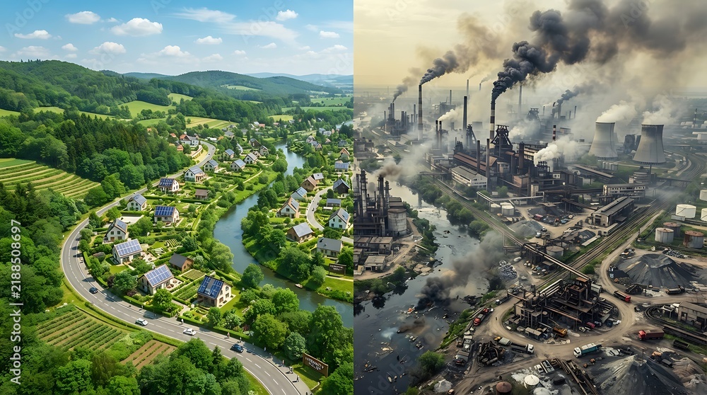 Fototapeta premium Comparison of clean green nature environment and polluted industrial city landscape with factories and heavy smoke showing contrast of earth climate