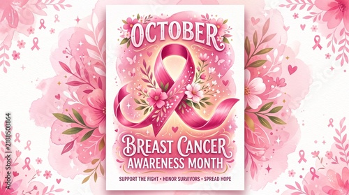 Breast Cancer Awareness Month Poster with Pink Ribbon and Floral Watercolor Illustration