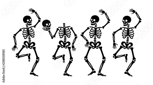 Four black skeletons dancing in a row isolated on a white background