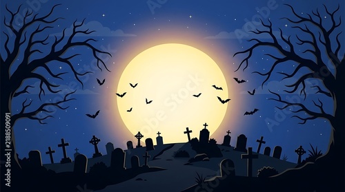 Bats flying in front of a full moon over a dark graveyard with silhouettes of trees