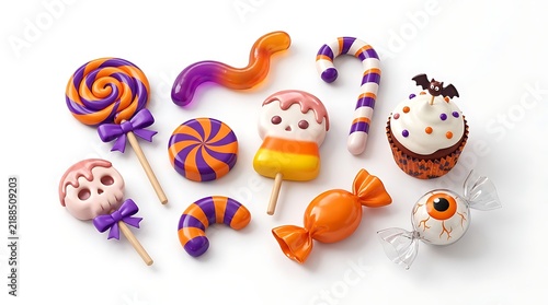 Assorted Halloween candies and sweets arranged on a white background with copy space