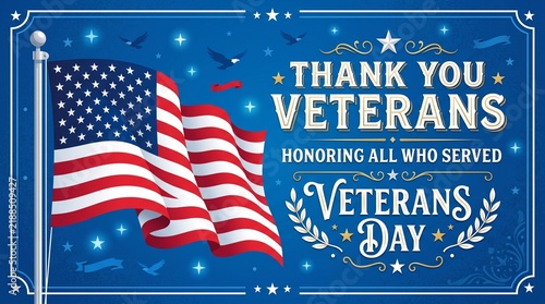 Veterans Day banner with American flag and Thank You Veterans text on blue background