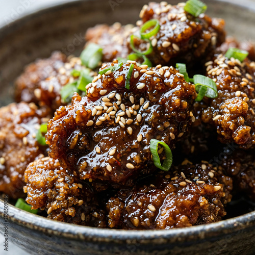 Delicious crispy fried chicken pieces coated in a sweet and savory sticky glaze with sesame seeds.