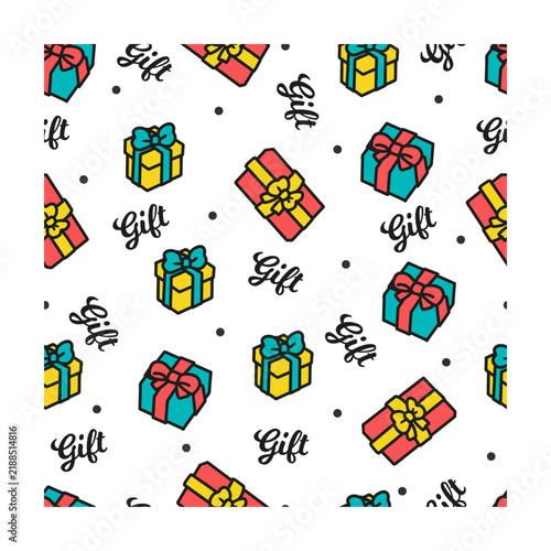 Colorful Present Boxes Pattern Ribbon Bow. Decorative Pattern featuring colorful present boxes and elegant ribbon bows. Suitable for Christmas, birthdays, anniversaries, and festive themes