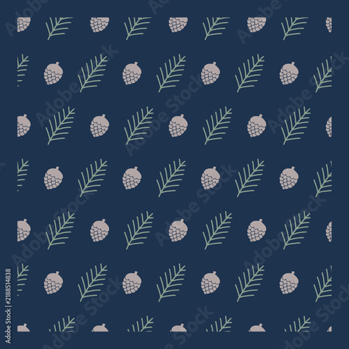 Rustic Pine Cone Pattern with Evergreen Branches. Nature-inspired seamless pattern featuring pine cones and evergreen branches. Suitable for holiday decor and modern surface pattern design.