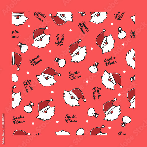 Cute Red Holiday Vector Santa Claus Head Pattern. Decorative seamless pattern featuring minimalist Santa Claus faces, gift sacks, and holiday typography. Ideal for Christmas products, etc