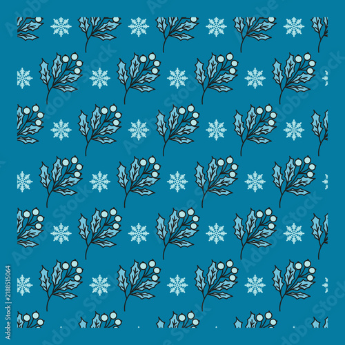 Winter Blue Holly Floral and Snowflake Pattern. Seamless winter pattern featuring holly branches. Perfect for Christmas wrapping paper, holiday textiles, wallpaper, and seasonal pattern