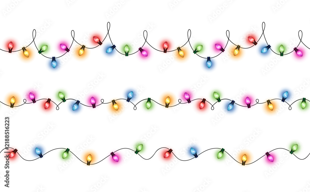 Obraz premium Vector set of realistic glowing colorful hanging christmas lights in seamless pattern on white background