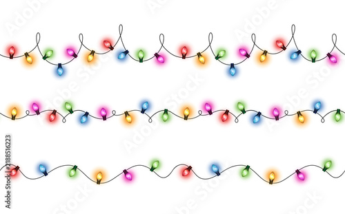 Vector set of realistic glowing colorful hanging christmas lights in seamless pattern on white background