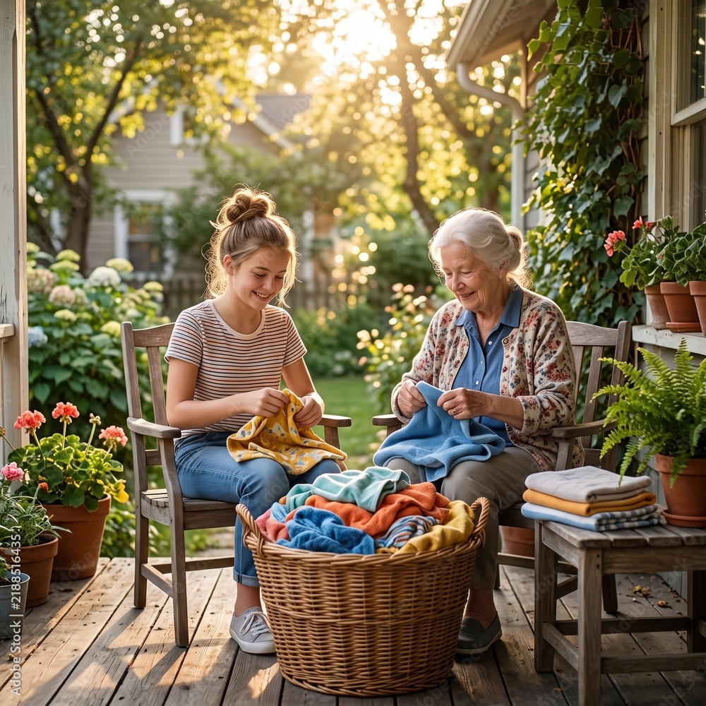 Obraz premium Young woman and senior grandmother folding laundry together on a sunny porch
