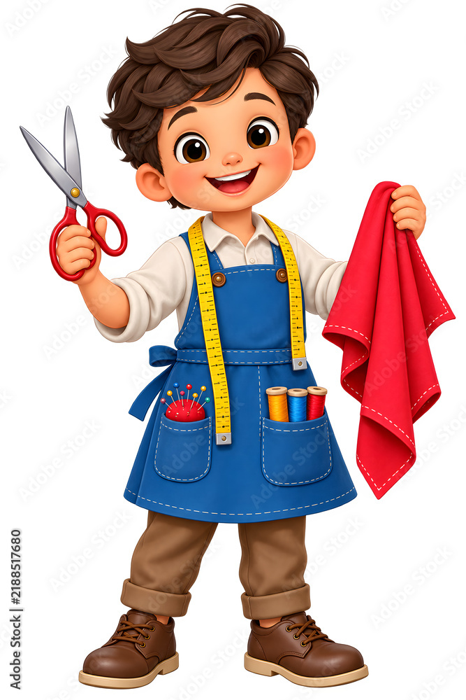 Fototapeta premium Cute Cartoon Tailor Holding Scissors and Red Fabric with Measuring Tape Isolated on Transparent Background