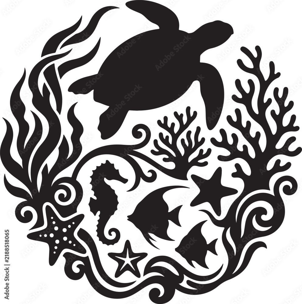 Fototapeta premium Circular graphic element featuring a sea turtle surrounded by coral reefs and tropical marine life