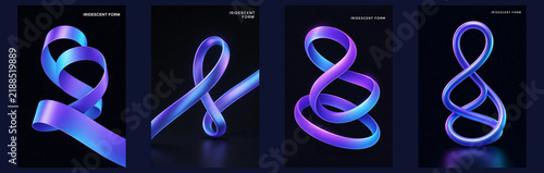 Abstract iridescent 3d ribbon forms on dark background