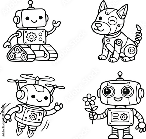 Cute robot and mechanical dog characters set for coloring book page or vector illustration