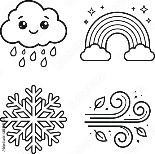 Cute weather icons set with rain cloud, rainbow, snowflake and wind symbols.