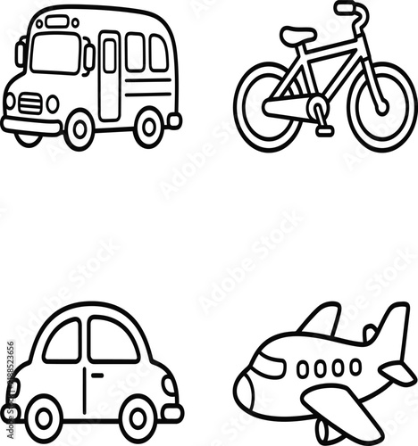 Four minimalist transportation icons: bus, bicycle, car, and airplane in flat design style.