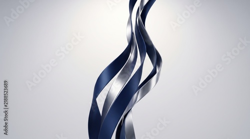 Abstract 3D blue and silver metallic ribbons twisting on white background, elegant flowing curves, modern design element, luxury texture, creative wallpaper backdrop