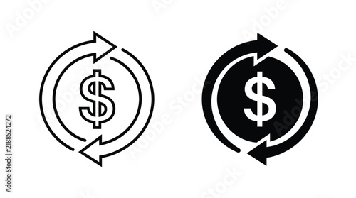 Money exchange icon set, dollar sign with circular arrows, financial transaction symbol, vector illustration