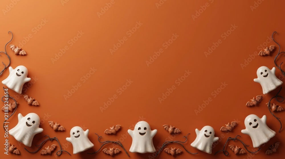 Fototapeta premium Festive halloween border with adorable ghost figures and chocolate candies