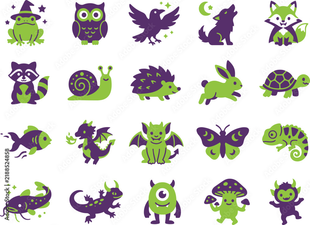 Obraz premium Cute halloween magic animals and mythical creatures vector icon set