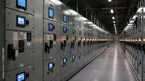 Industrial electrical switchgear panels stand in a modern server facility corridor. Ideal for power distribution and data center infrastructure concepts.