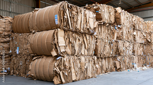 Large bales of compressed recycled cardboard stacked in a warehouse. Ideal for environmental sustainability and waste management industry concepts.