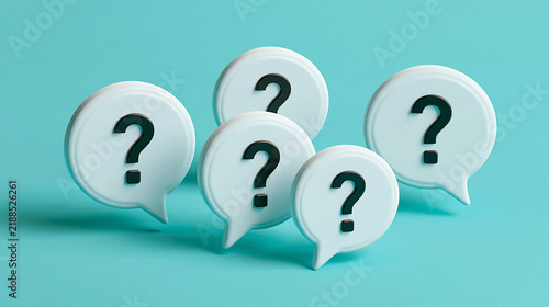 White speech bubbles with black question marks float over a teal background. Concept for customer support and FAQ marketing campaigns.