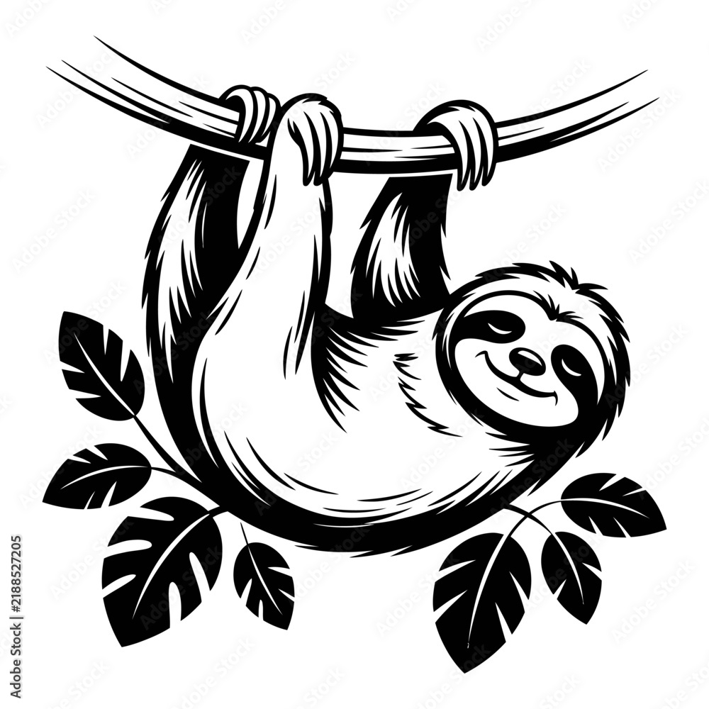 Obraz premium Hanging sloth clings to branch in detailed black silhouette