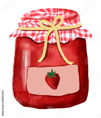 Watercolor strawberry jam jar, sweet homemade preserve illustration
