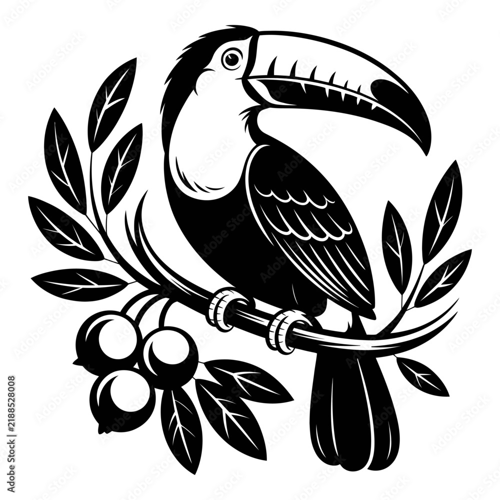 Fototapeta premium A toucan perched on a branch is depicted in black silhouette
