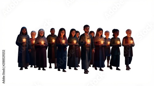 Diverse group of people holding candles in procession