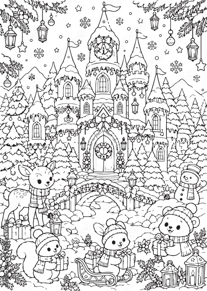 Fototapeta premium Christmas Winter Castle Coloring Page with Cute Woodland Animals and Snowy Forest