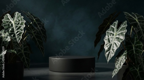 Dark cylindrical podium surrounded by lush green tropical plant leaves for product display