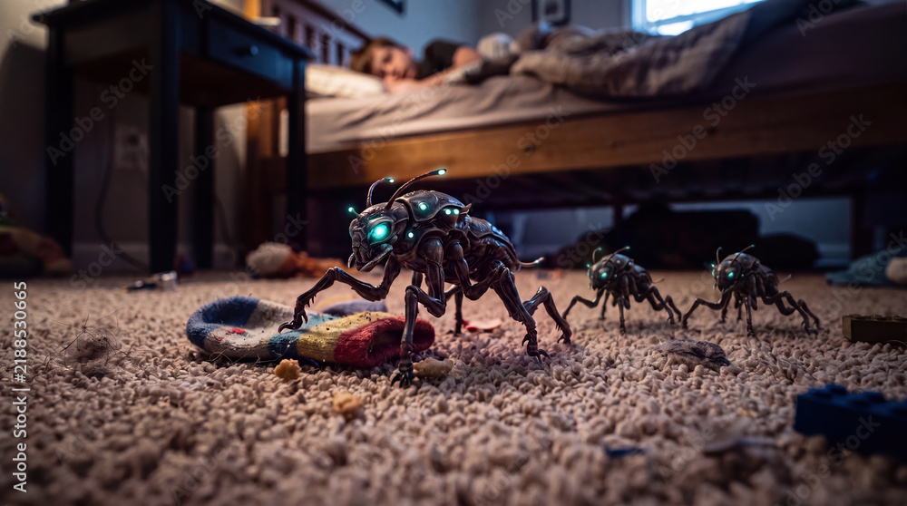 Obraz premium Small alien creatures walk on a carpet in a child's bedroom