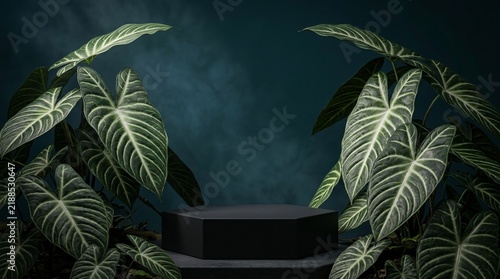 Dark pedestal surrounded by lush green tropical foliage with moody lighting