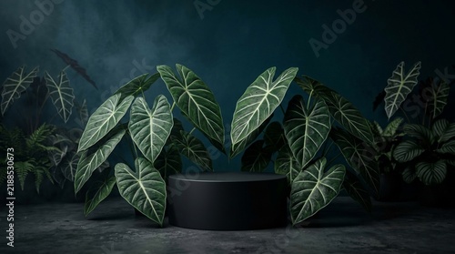 Dark platform amidst lush green tropical foliage soft light