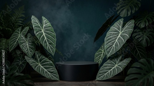 Dark podium surrounded by lush green tropical foliage and smoky atmosphere