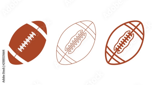 Set of three american football icons in different styles, including solid, outline, and thick line art designs, representing sports equipment for games and tournaments