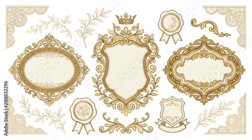 Ornate vintage crests, frames and decorative elements on transparent background