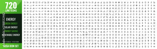 Energy line icons mega collection, Green Energy, Solar Energy, Renewable Energy, Energy Saving, Clean energy, Energy efficiency, big icon set, Editable stroke, Vector illustration icon pack