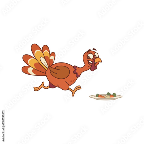 Принти на полотні Happy running thanksgiving turkey character escaping from food plate cartoon ill