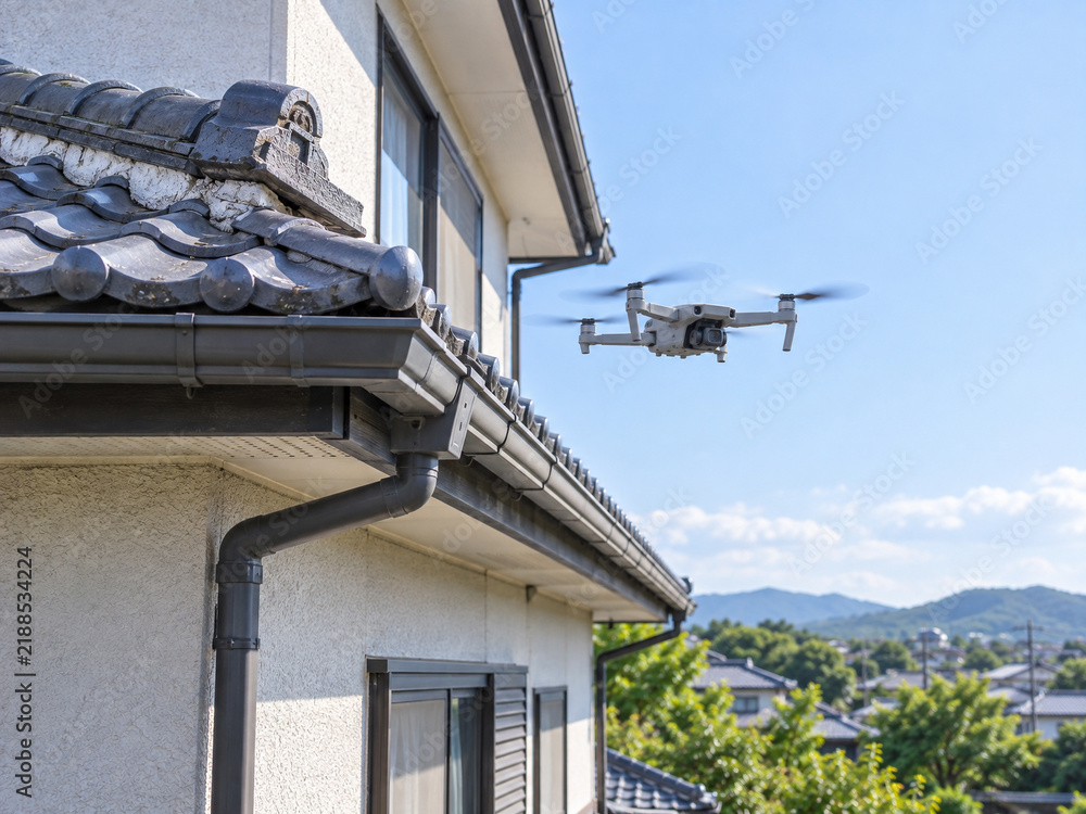 Obraz premium Drone Hovering Close to Roof Eave and Gutter of Japanese House During Inspection